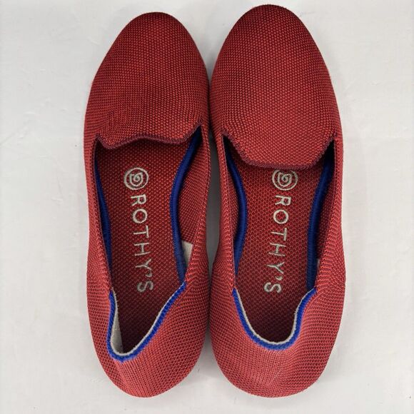 Rothys The Flat Loafer W6 Dark‎ Red Knit Halo Ballet Round Toe/Slip-On Blue Trim - Picture 4 of 16